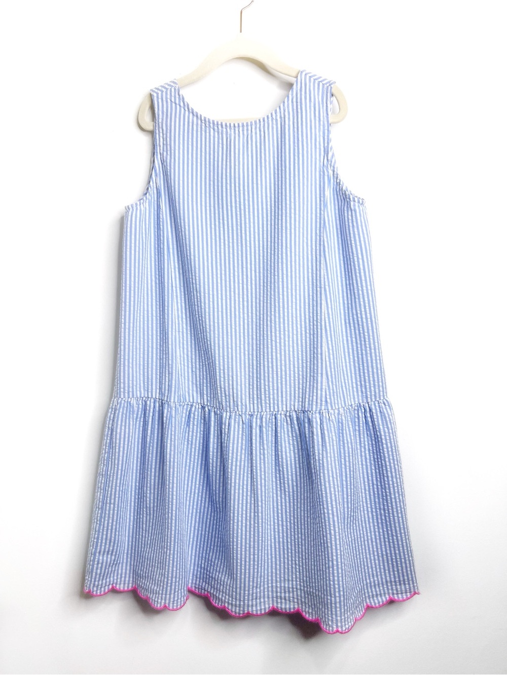 Crewcuts Girls' Light Blue Seersucker Tiered Dress - Size 10 Neon Trim